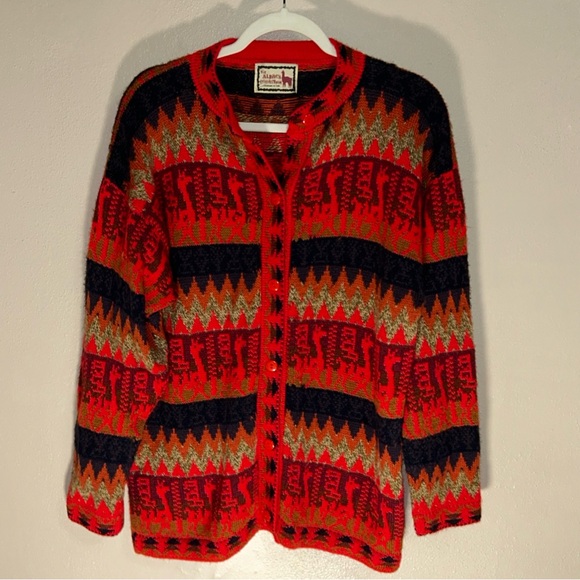 Alpaca Connection Sweaters - Vibrant VTG Red and Black alpaca with Geometric Cardigan
